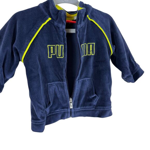 Puma Navy Blue Velour Neon Yellow Trim Full Zip Hooded Jacket Pockets Size 3-6M - Picture 4 of 8